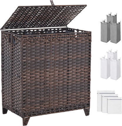 Laundry Hamper with Lid, 190L Large Laundry Basket 3 Section with 6 Removable Liner Bags & 3 Mesh Laundry Bags, Handwoven Rattan Clothes Hamper with Heightened Feet, No Install Needed, Natural