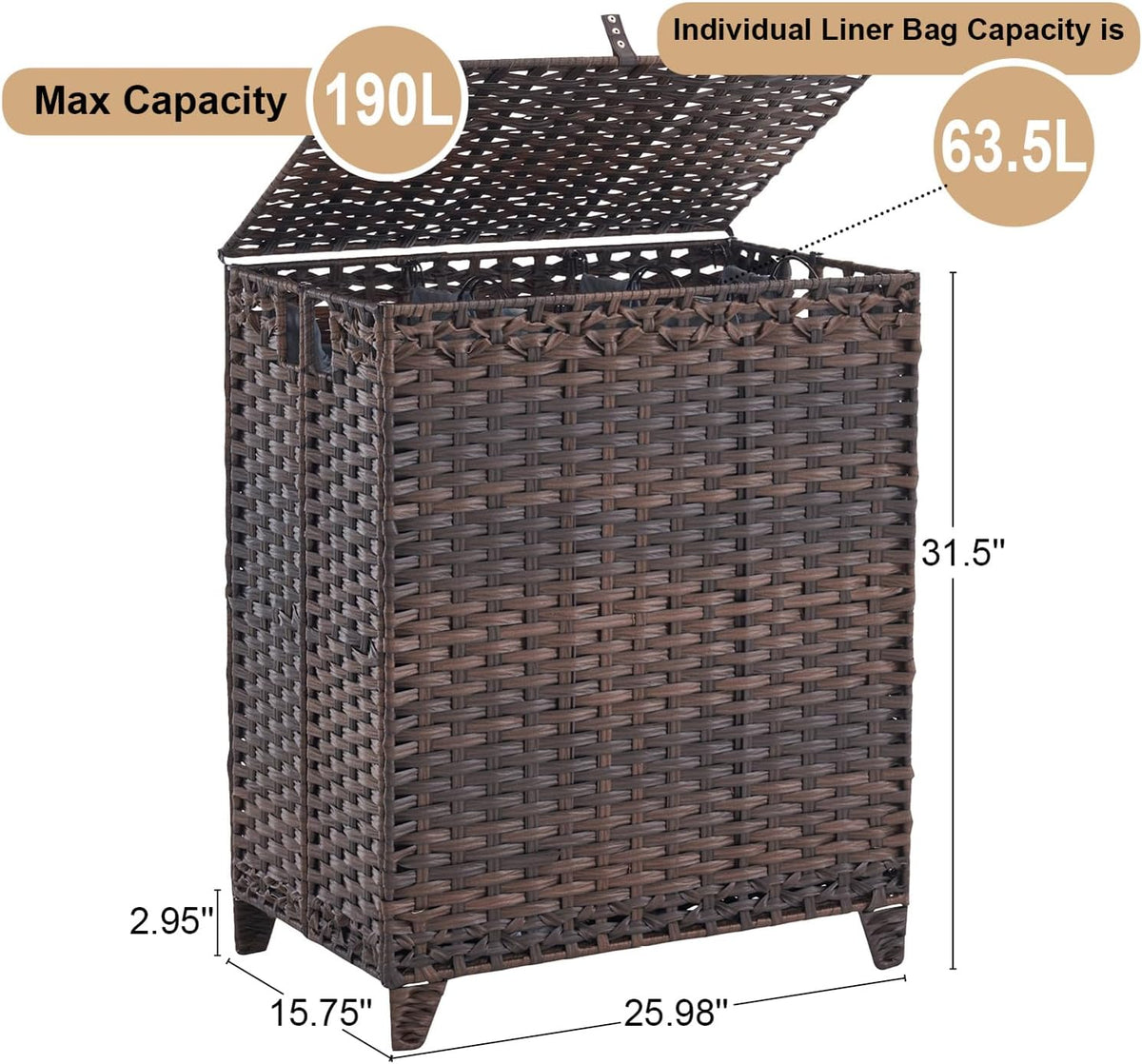 Laundry Hamper with Lid, 190L Large Laundry Basket 3 Section with 6 Removable Liner Bags & 3 Mesh Laundry Bags, Handwoven Rattan Clothes Hamper with Heightened Feet, No Install Needed, Natural