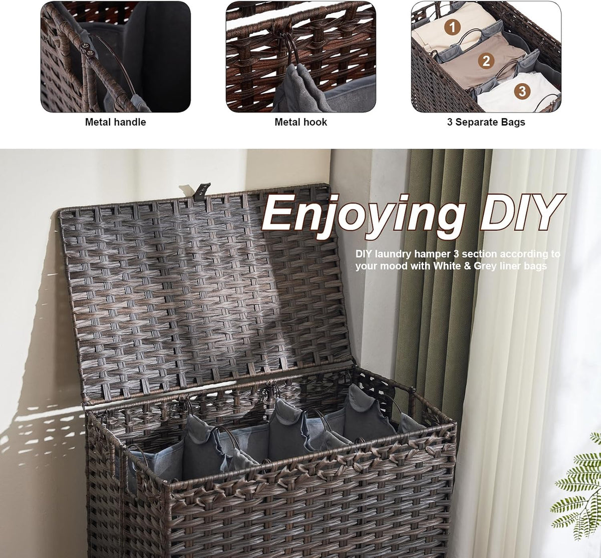 Laundry Hamper with Lid, 190L Large Laundry Basket 3 Section with 6 Removable Liner Bags & 3 Mesh Laundry Bags, Handwoven Rattan Clothes Hamper with Heightened Feet, No Install Needed, Natural