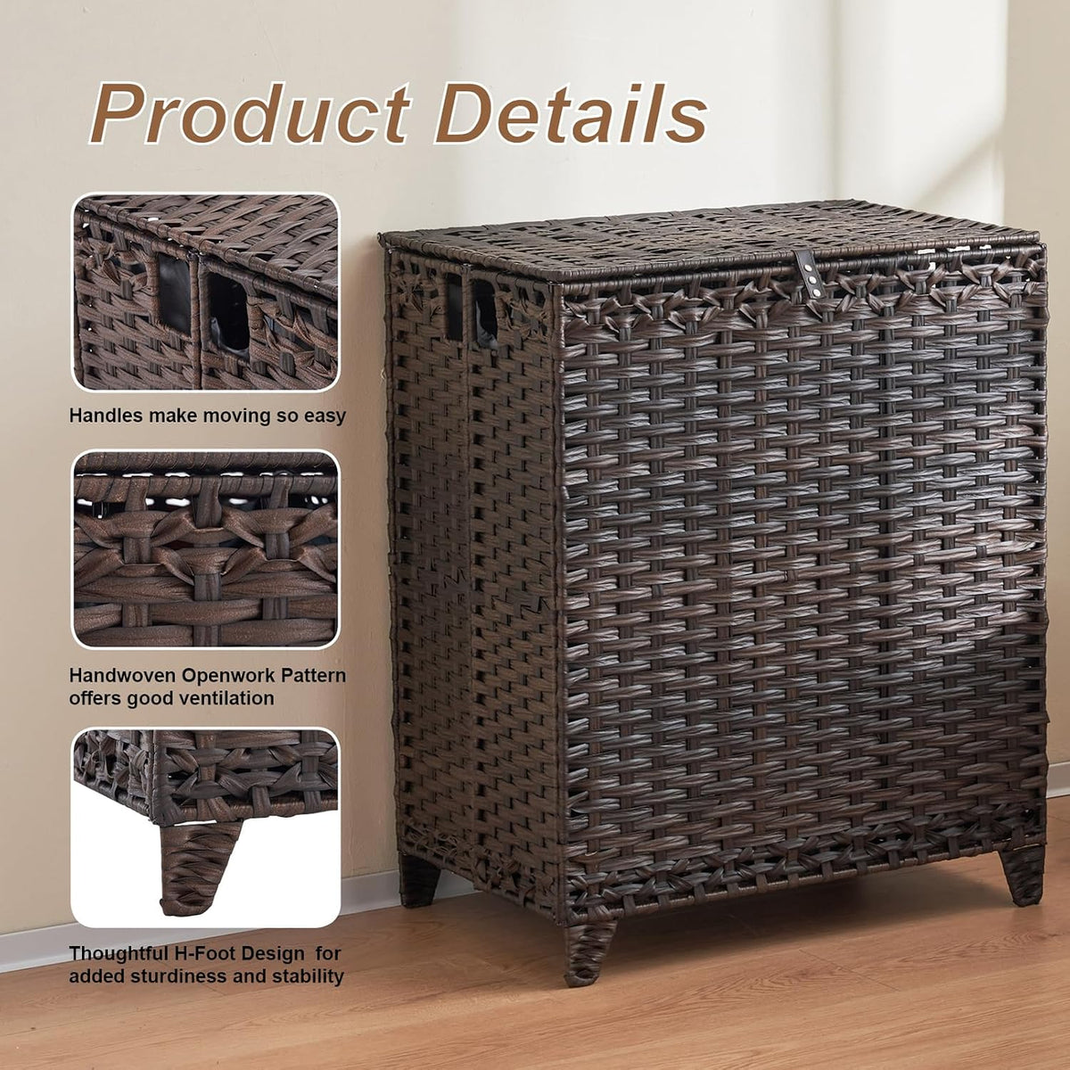 Laundry Hamper with Lid, 190L Large Laundry Basket 3 Section with 6 Removable Liner Bags & 3 Mesh Laundry Bags, Handwoven Rattan Clothes Hamper with Heightened Feet, No Install Needed, Natural