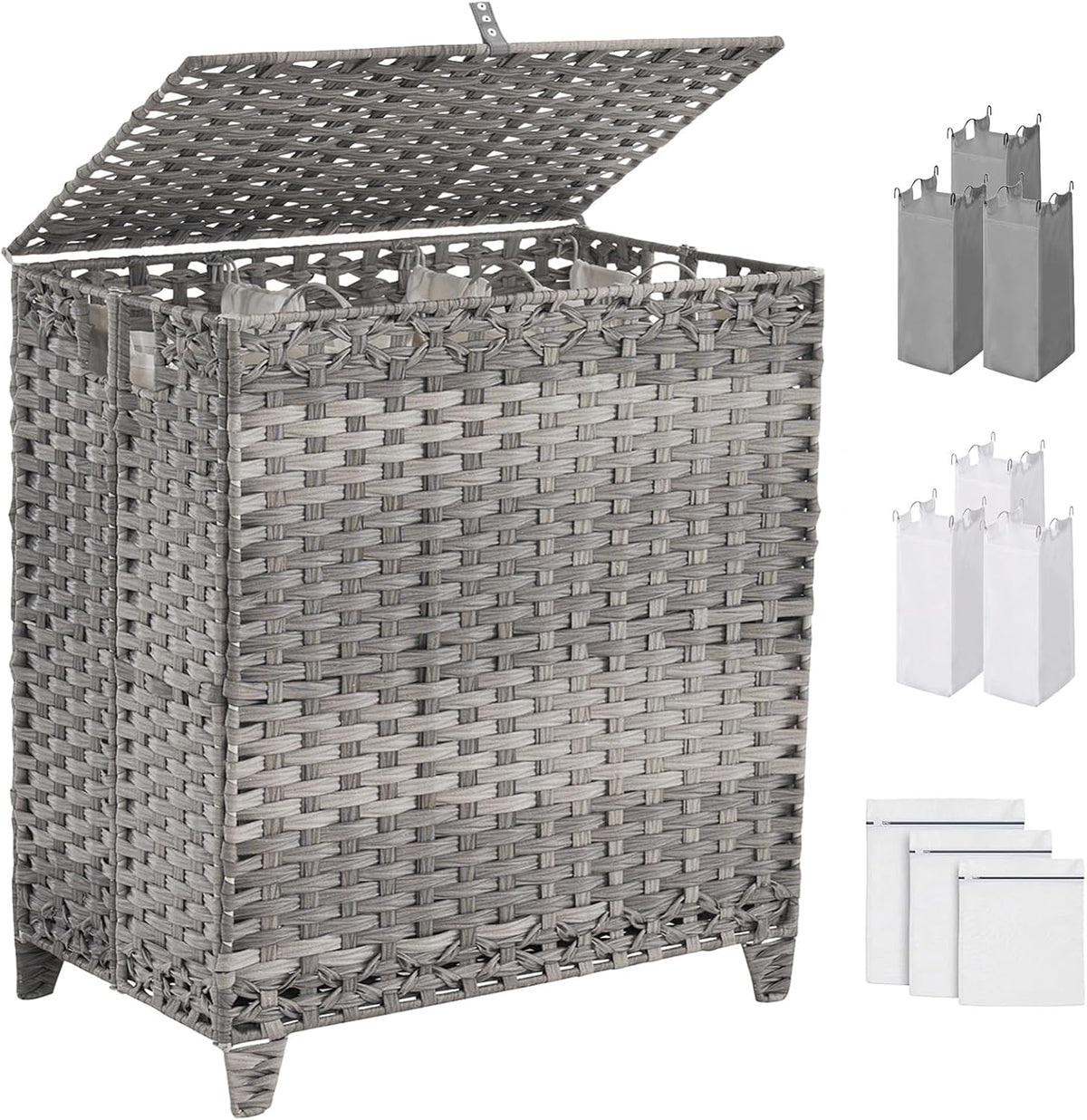 Laundry Hamper with Lid, 190L Large Laundry Basket 3 Section with 6 Removable Liner Bags & 3 Mesh Laundry Bags, Handwoven Rattan Clothes Hamper with Heightened Feet, No Install Needed, Natural