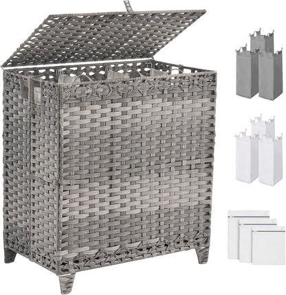Laundry Hamper with Lid, 190L Large Laundry Basket 3 Section with 6 Removable Liner Bags & 3 Mesh Laundry Bags, Handwoven Rattan Clothes Hamper with Heightened Feet, No Install Needed, Natural