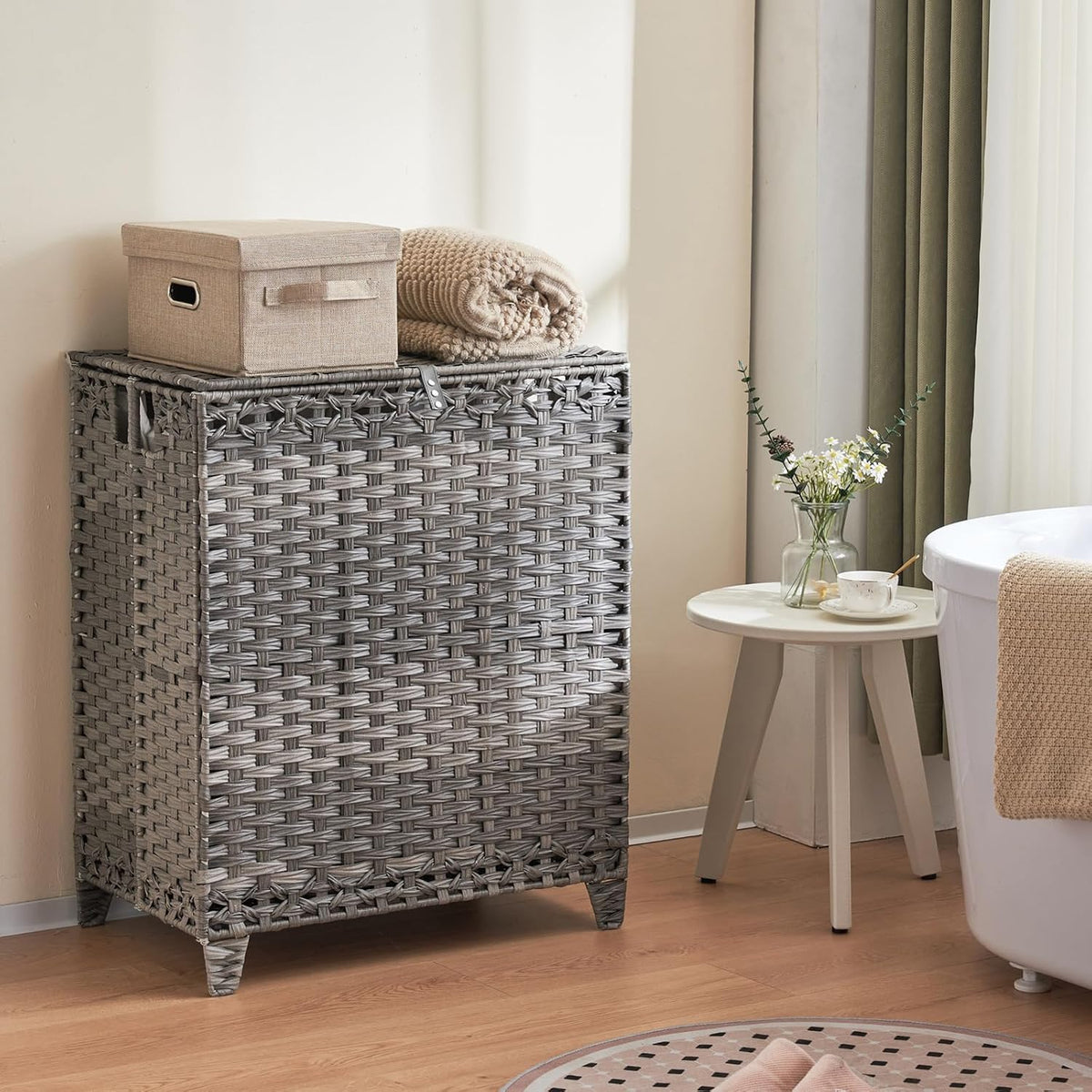 Laundry Hamper with Lid, 190L Large Laundry Basket 3 Section with 6 Removable Liner Bags & 3 Mesh Laundry Bags, Handwoven Rattan Clothes Hamper with Heightened Feet, No Install Needed, Natural