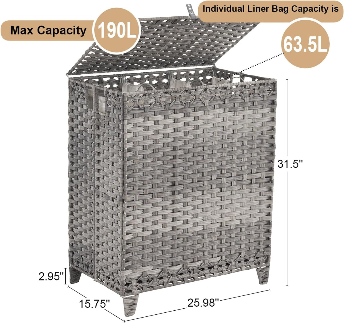 Laundry Hamper with Lid, 190L Large Laundry Basket 3 Section with 6 Removable Liner Bags & 3 Mesh Laundry Bags, Handwoven Rattan Clothes Hamper with Heightened Feet, No Install Needed, Natural