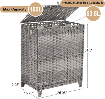 Laundry Hamper with Lid, 190L Large Laundry Basket 3 Section with 6 Removable Liner Bags & 3 Mesh Laundry Bags, Handwoven Rattan Clothes Hamper with Heightened Feet, No Install Needed, Natural
