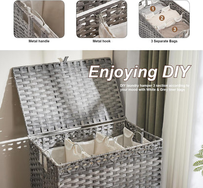 Laundry Hamper with Lid, 190L Large Laundry Basket 3 Section with 6 Removable Liner Bags & 3 Mesh Laundry Bags, Handwoven Rattan Clothes Hamper with Heightened Feet, No Install Needed, Natural