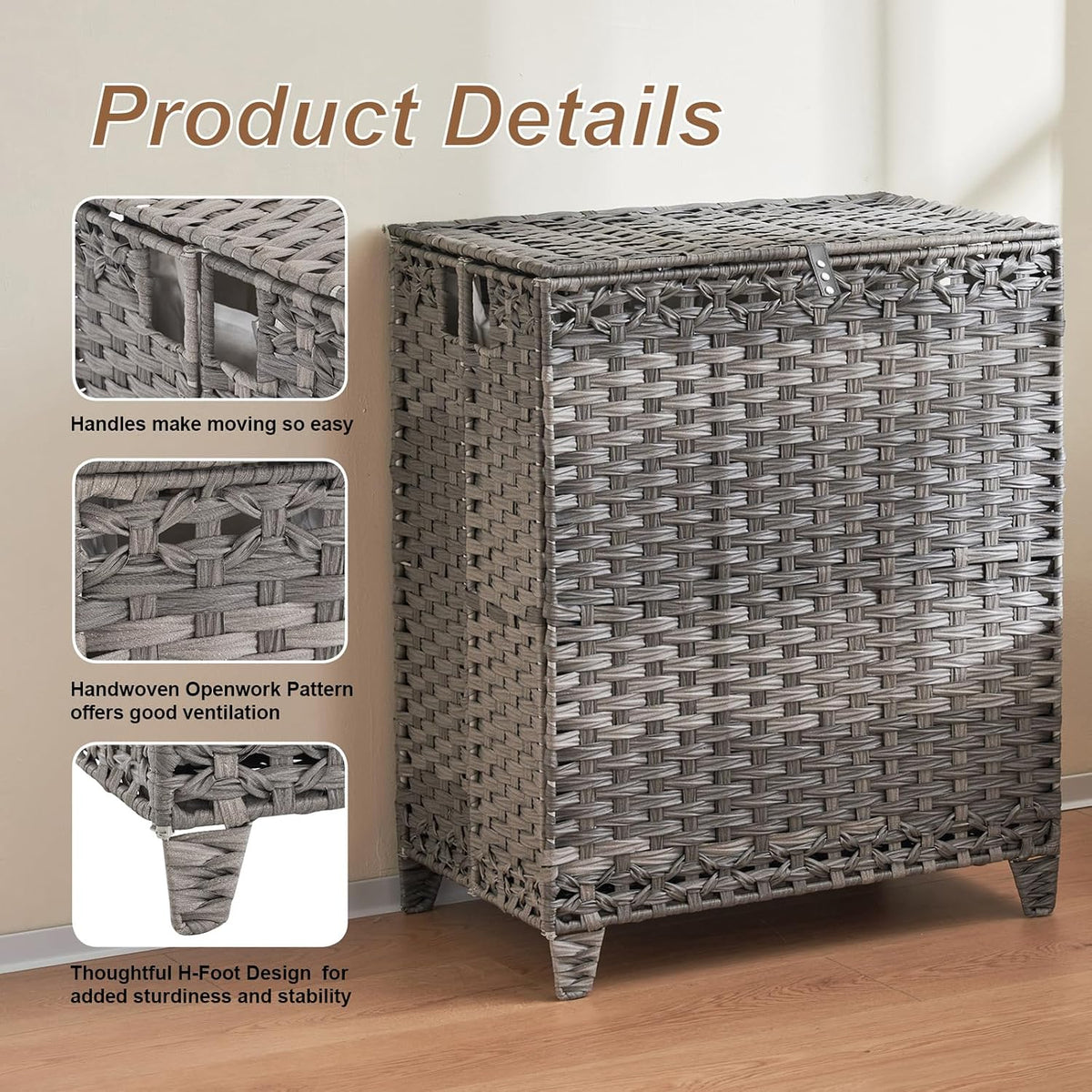 Laundry Hamper with Lid, 190L Large Laundry Basket 3 Section with 6 Removable Liner Bags & 3 Mesh Laundry Bags, Handwoven Rattan Clothes Hamper with Heightened Feet, No Install Needed, Natural
