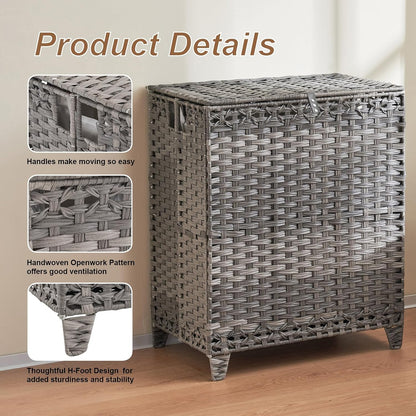 Laundry Hamper with Lid, 190L Large Laundry Basket 3 Section with 6 Removable Liner Bags & 3 Mesh Laundry Bags, Handwoven Rattan Clothes Hamper with Heightened Feet, No Install Needed, Natural