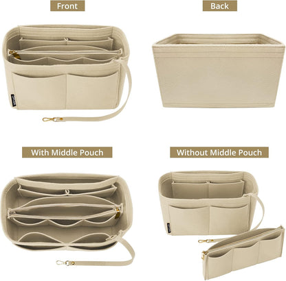 Purse Organizer Insert for Handbags, Softened Felt Bag Insert Organizer for Tote, Compatible with LV, Coach, MK, Kate Spade, Goyard, Longchamp (Beige, Medium)