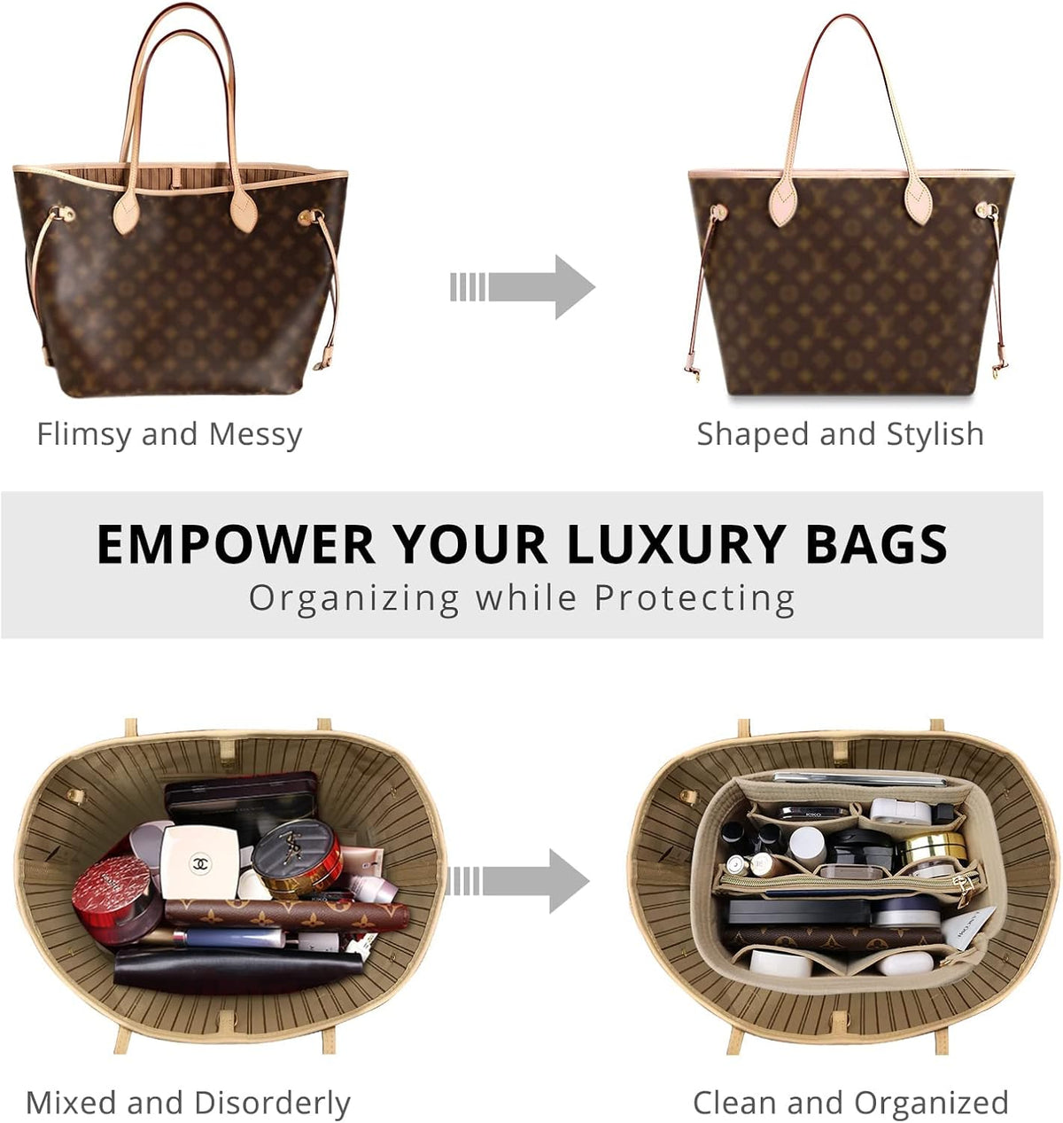 Purse Organizer Insert for Handbags, Softened Felt Bag Insert Organizer for Tote, Compatible with LV, Coach, MK, Kate Spade, Goyard, Longchamp (Beige, Medium)
