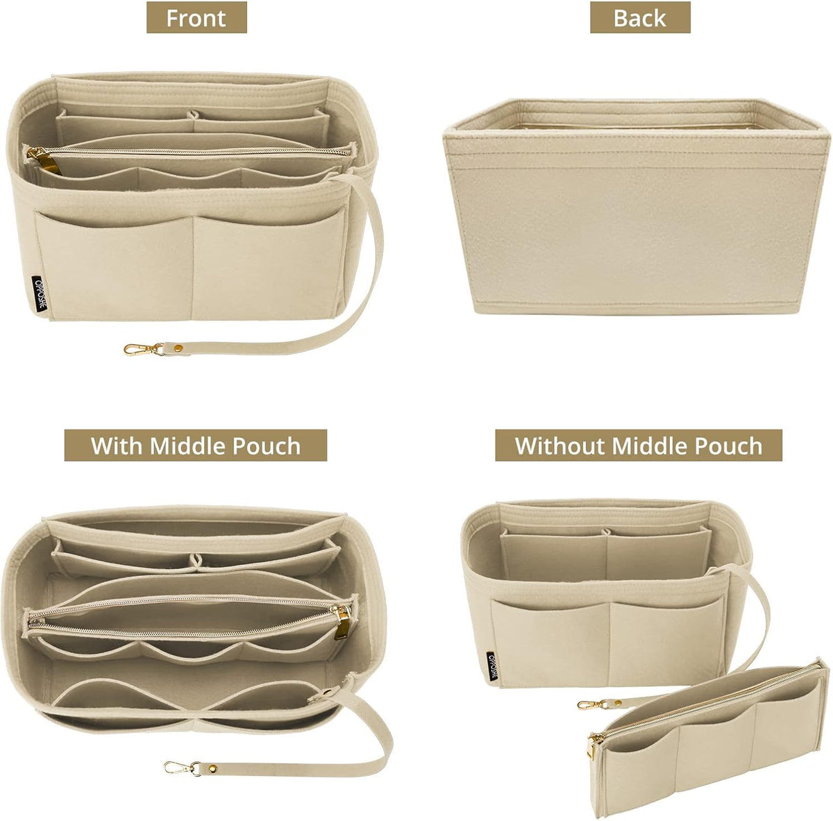 Purse Organizer Insert for Handbags, Softened Felt Bag Insert Organizer for Tote, Compatible with LV, Coach, MK, Kate Spade, Goyard, Longchamp (Beige, Medium)