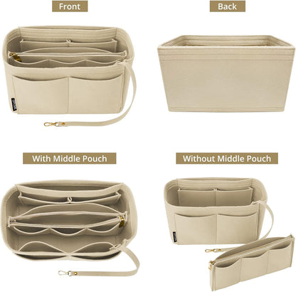 Purse Organizer Insert for Handbags, Softened Felt Bag Insert Organizer for Tote, Compatible with LV, Coach, MK, Kate Spade, Goyard, Longchamp (Beige, Medium)