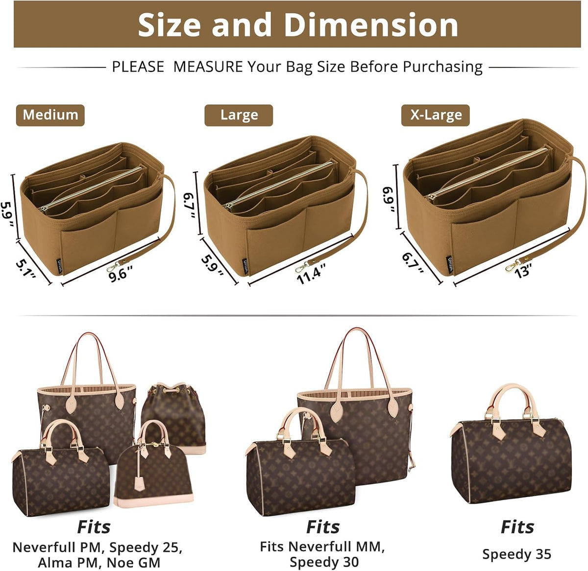 Purse Organizer Insert for Handbags, Softened Felt Bag Insert Organizer for Tote, Compatible with LV, Coach, MK, Kate Spade, Goyard, Longchamp (Beige, Medium)