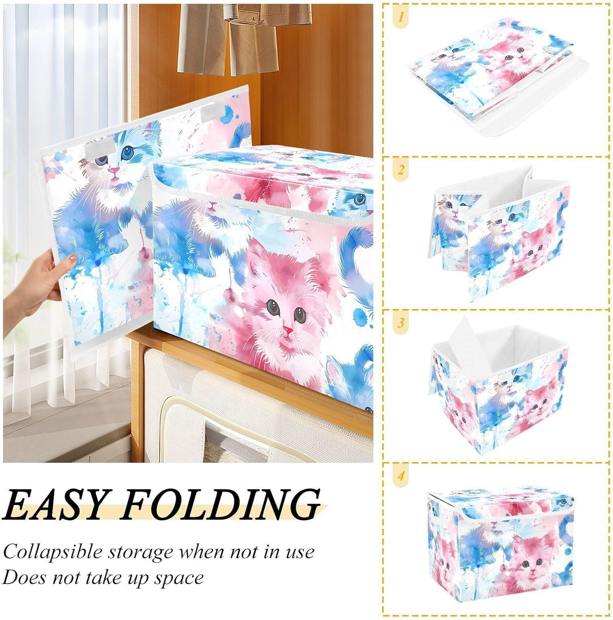 Storage Bin with Lid & Handles Cute Toys Storage Boxes Foldable Closet Baskets Stackable Fabric Home Clothes Organizer Container