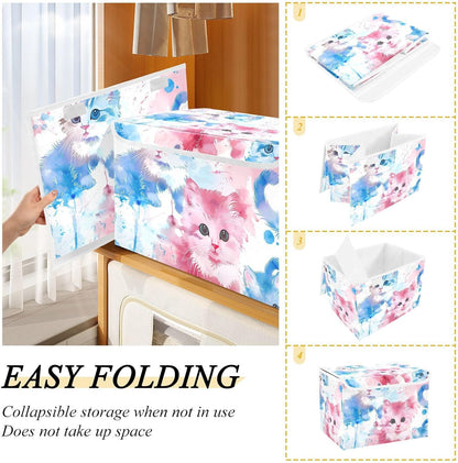 Storage Bin with Lid & Handles Cute Toys Storage Boxes Foldable Closet Baskets Stackable Fabric Home Clothes Organizer Container