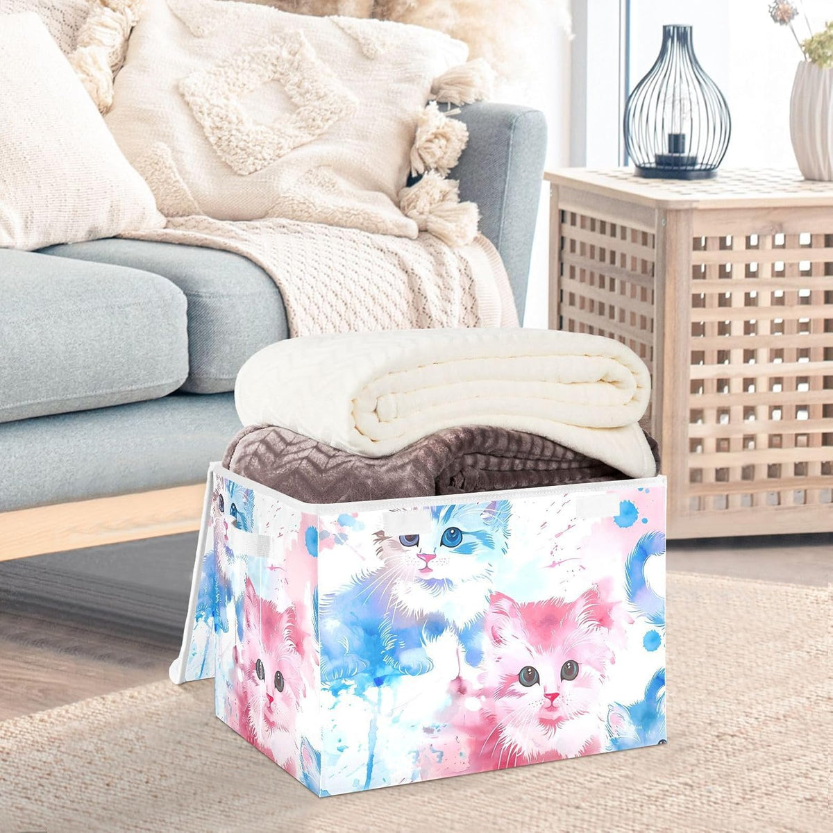 Storage Bin with Lid & Handles Cute Toys Storage Boxes Foldable Closet Baskets Stackable Fabric Home Clothes Organizer Container