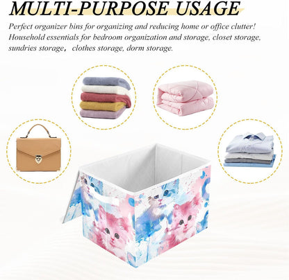 Storage Bin with Lid & Handles Cute Toys Storage Boxes Foldable Closet Baskets Stackable Fabric Home Clothes Organizer Container