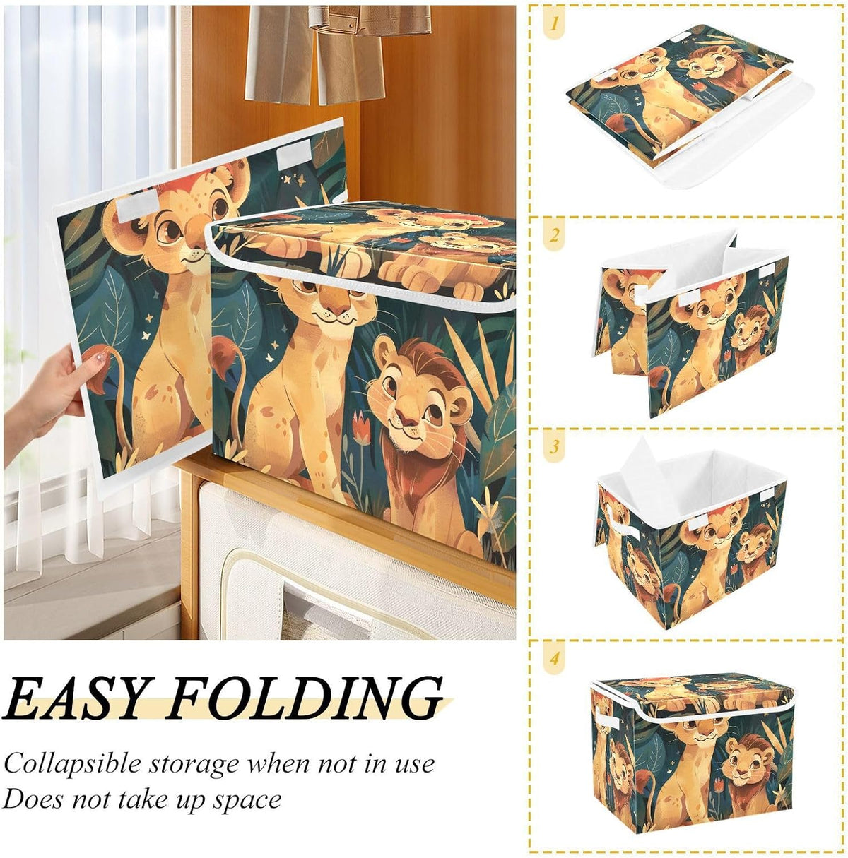 Storage Bin with Lid & Handles Cute Toys Storage Boxes Foldable Closet Baskets Stackable Fabric Home Clothes Organizer Container