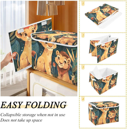 Storage Bin with Lid & Handles Cute Toys Storage Boxes Foldable Closet Baskets Stackable Fabric Home Clothes Organizer Container