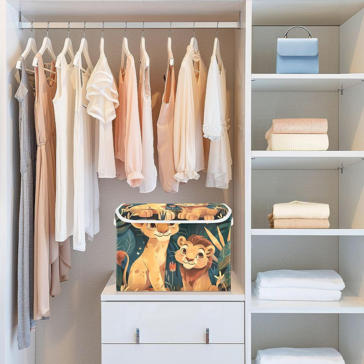 Storage Bin with Lid & Handles Cute Toys Storage Boxes Foldable Closet Baskets Stackable Fabric Home Clothes Organizer Container