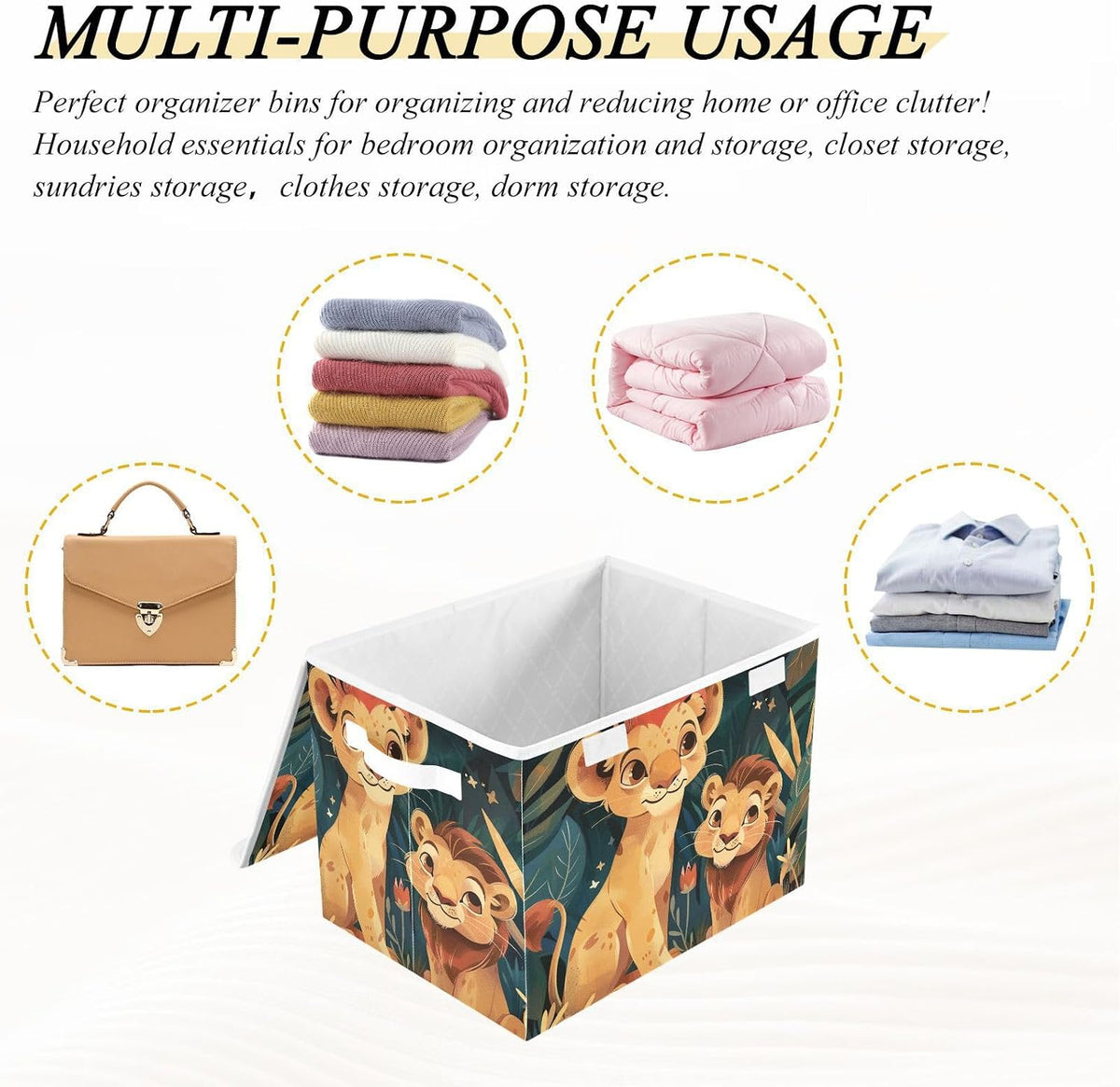Storage Bin with Lid & Handles Cute Toys Storage Boxes Foldable Closet Baskets Stackable Fabric Home Clothes Organizer Container
