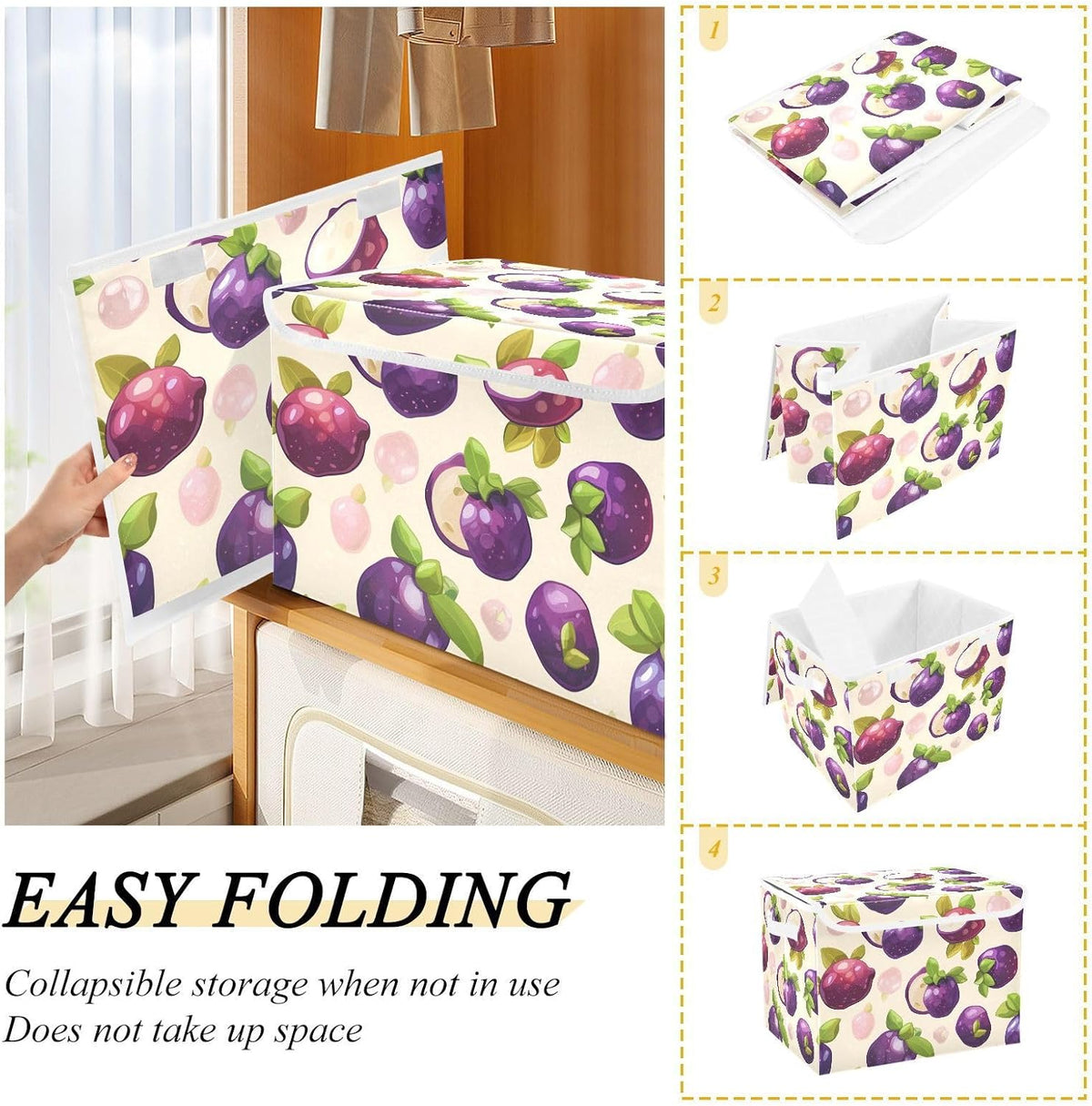 Storage Bin with Lid & Handles Cute Toys Storage Boxes Foldable Closet Baskets Stackable Fabric Home Clothes Organizer Container