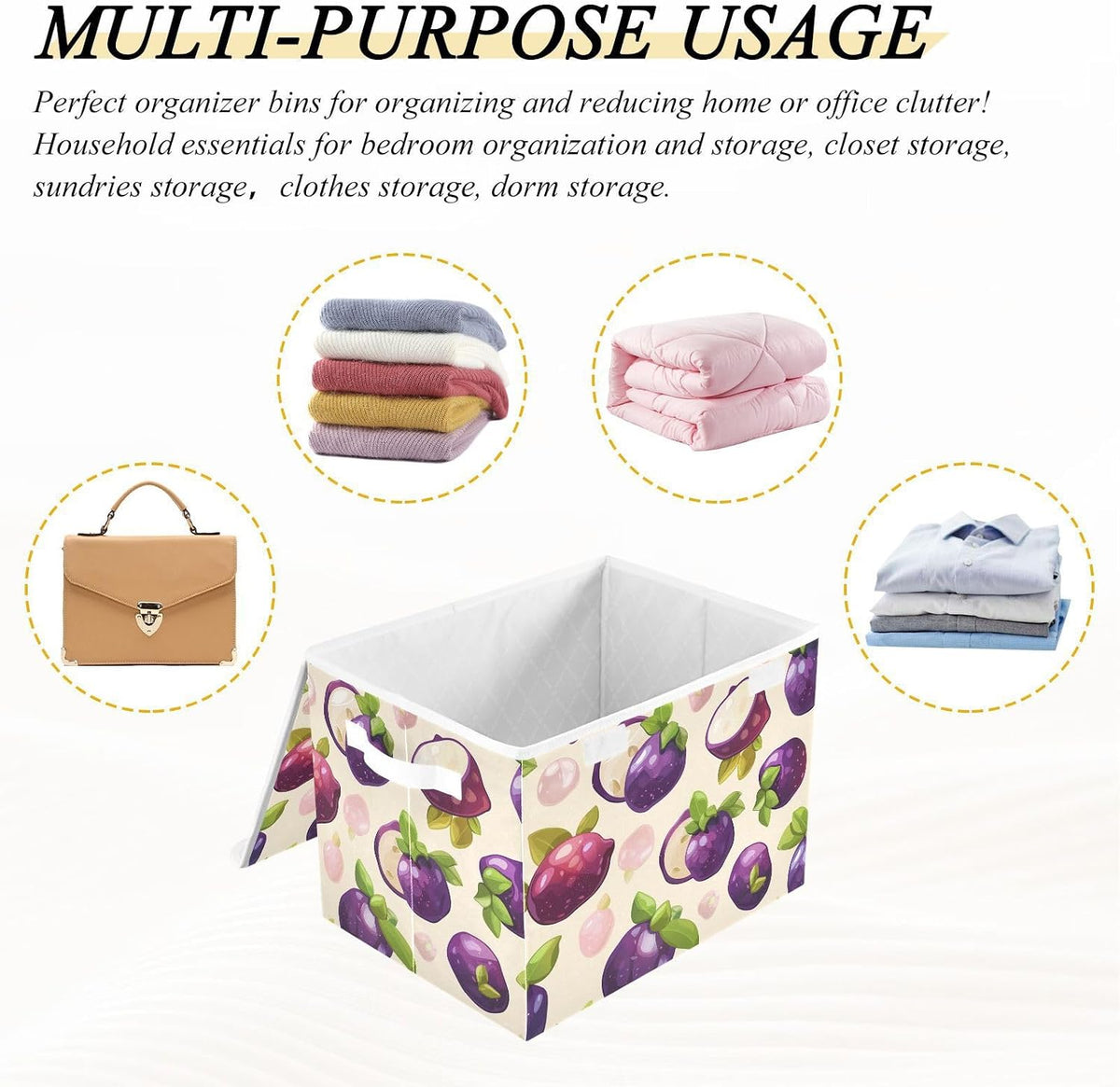 Storage Bin with Lid & Handles Cute Toys Storage Boxes Foldable Closet Baskets Stackable Fabric Home Clothes Organizer Container