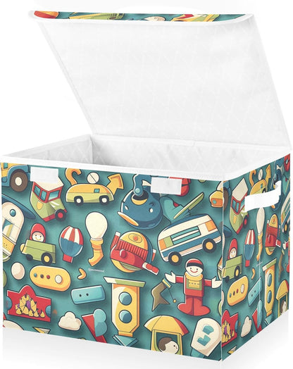 Storage Bin with Lid & Handles Cute Toys Storage Boxes Foldable Closet Baskets Stackable Fabric Home Clothes Organizer Container