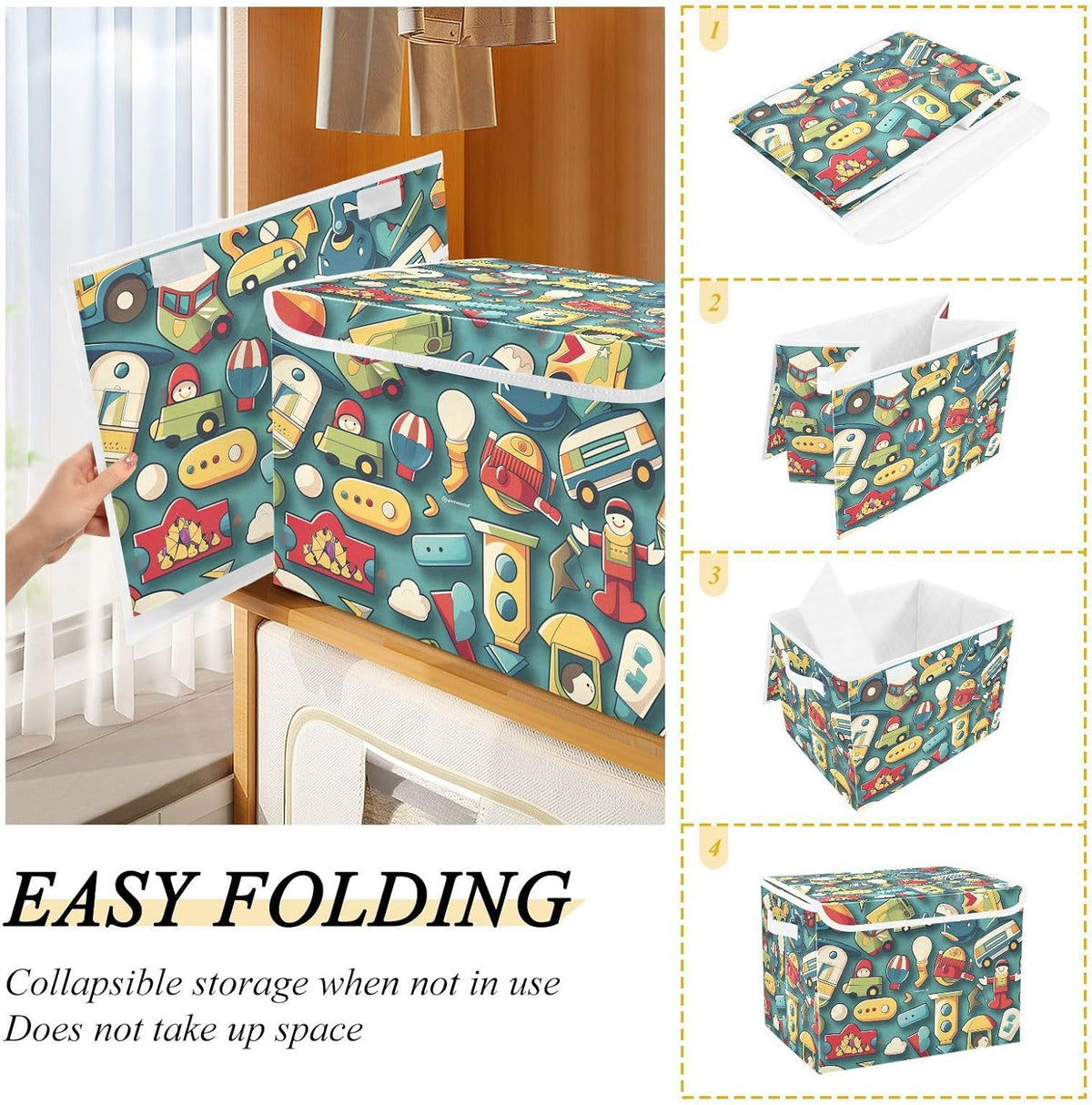 Storage Bin with Lid & Handles Cute Toys Storage Boxes Foldable Closet Baskets Stackable Fabric Home Clothes Organizer Container