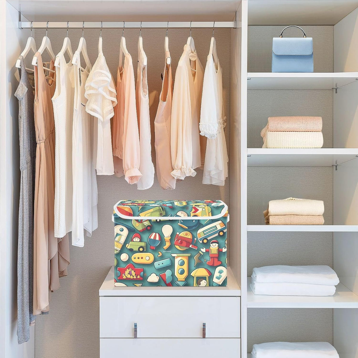 Storage Bin with Lid & Handles Cute Toys Storage Boxes Foldable Closet Baskets Stackable Fabric Home Clothes Organizer Container