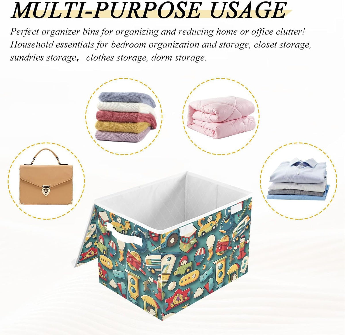 Storage Bin with Lid & Handles Cute Toys Storage Boxes Foldable Closet Baskets Stackable Fabric Home Clothes Organizer Container