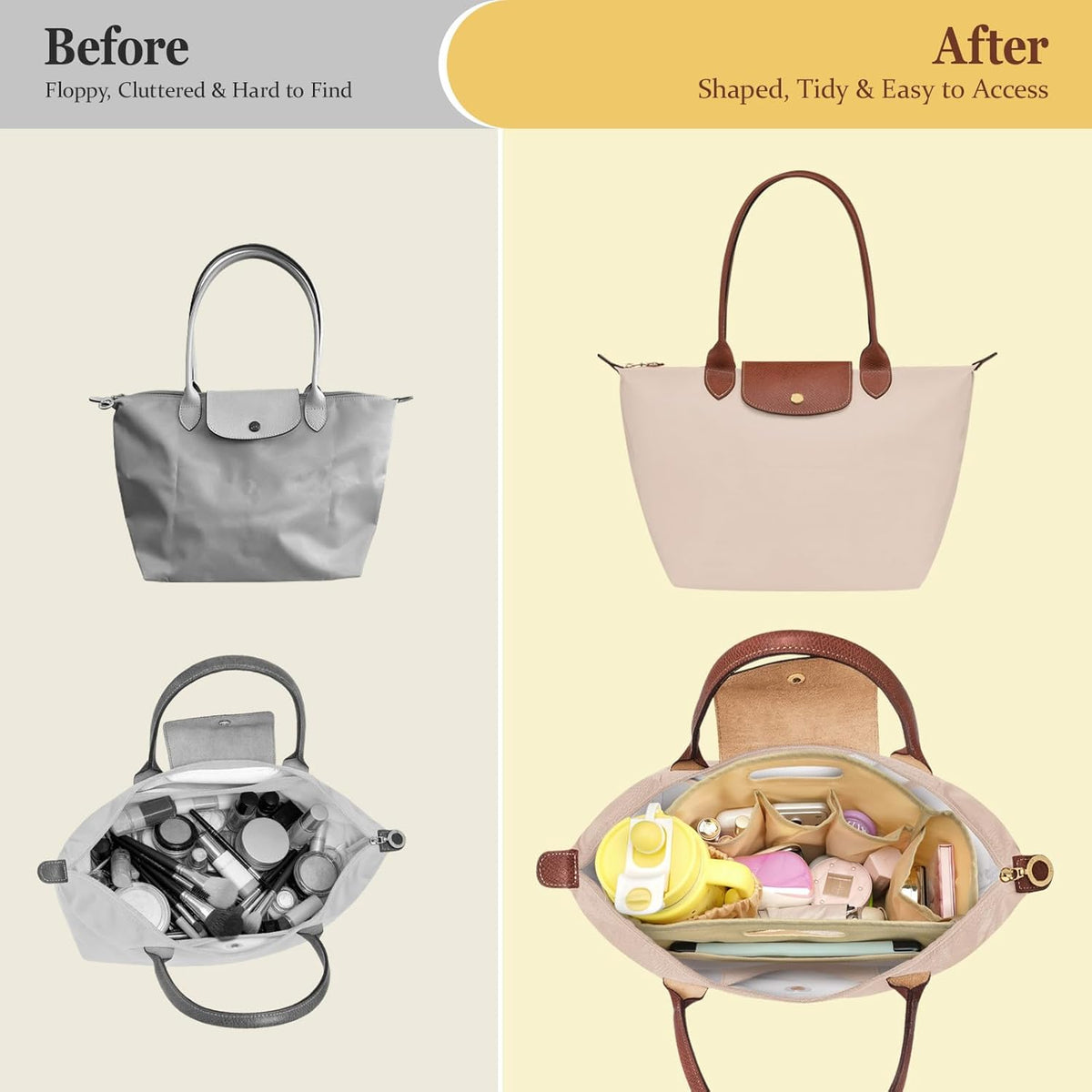 Purse Organizer Insert with Cup Holder for Longchamp Le Pliage