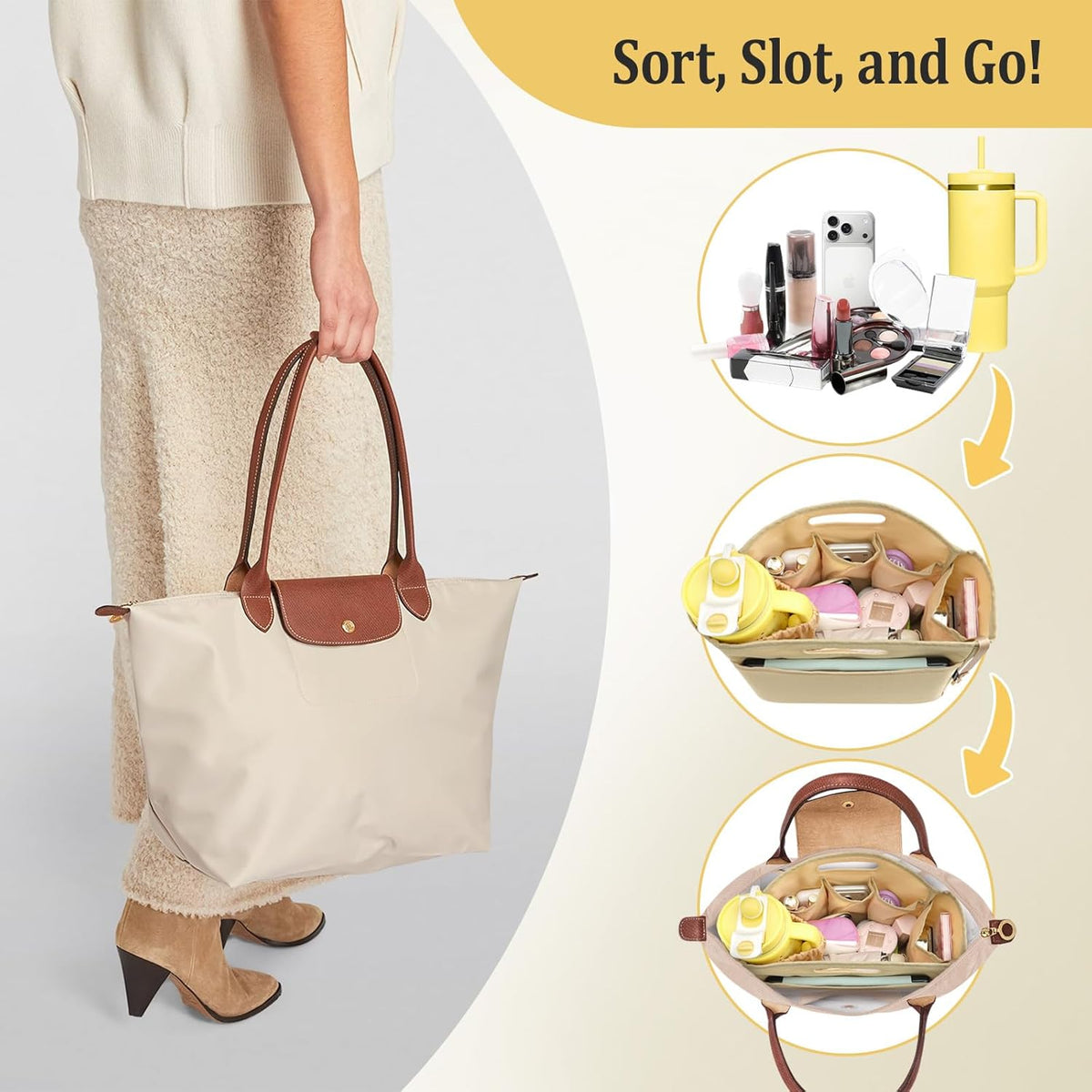Purse Organizer Insert with Cup Holder for Longchamp Le Pliage