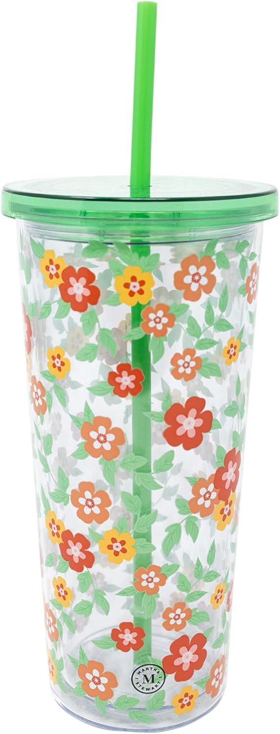 Double Wall Tumbler with Lid and Reusable Straw, Floral Plastic Cup, Insulated Travel Cup Holds 24 Ounces, Floral Cloud Dancer