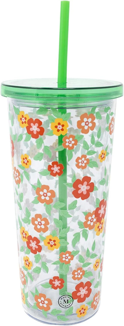 Double Wall Tumbler with Lid and Reusable Straw, Floral Plastic Cup, Insulated Travel Cup Holds 24 Ounces, Floral Cloud Dancer