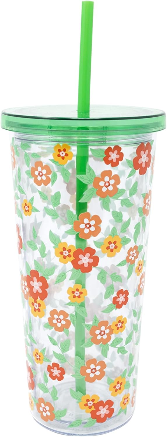 Double Wall Tumbler with Lid and Reusable Straw, Floral Plastic Cup, Insulated Travel Cup Holds 24 Ounces, Floral Cloud Dancer