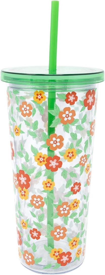Double Wall Tumbler with Lid and Reusable Straw, Floral Plastic Cup, Insulated Travel Cup Holds 24 Ounces, Floral Cloud Dancer