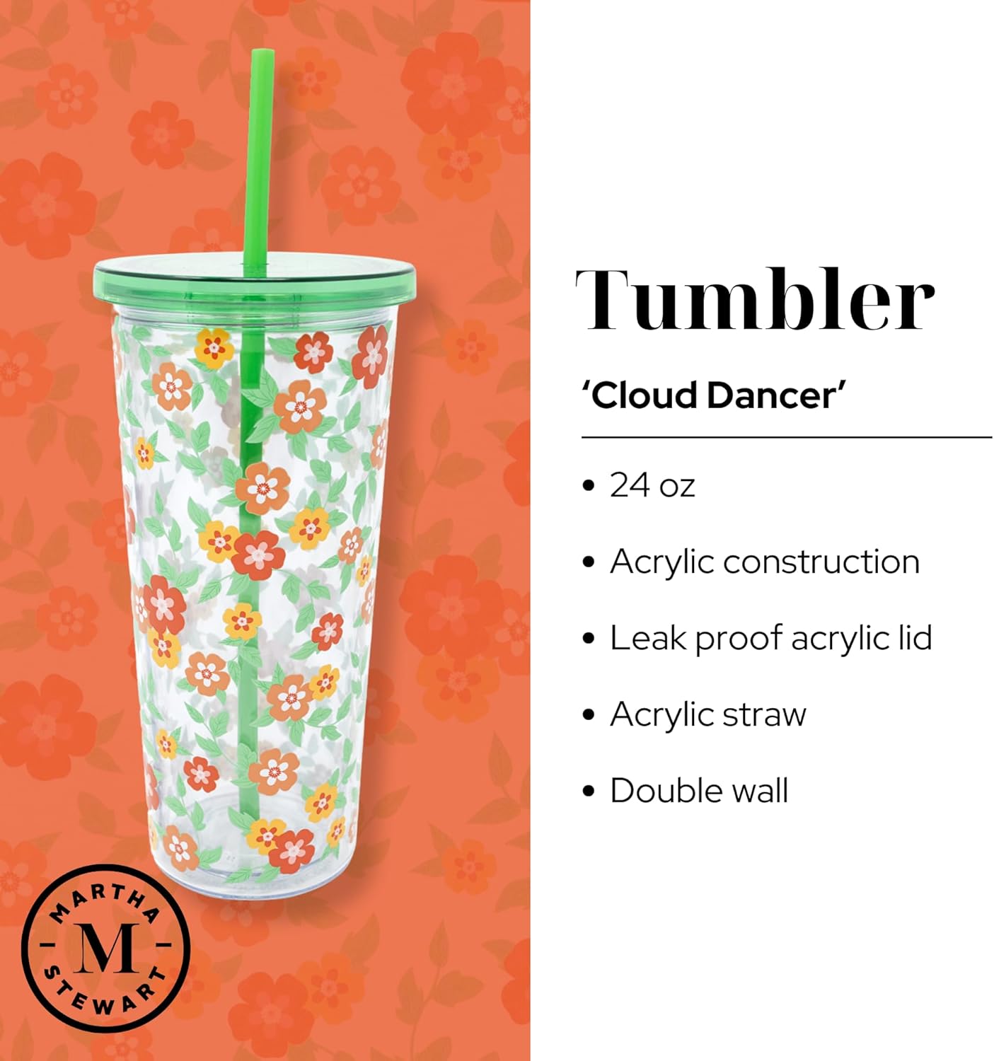 Double Wall Tumbler with Lid and Reusable Straw, Floral Plastic Cup, Insulated Travel Cup Holds 24 Ounces, Floral Cloud Dancer