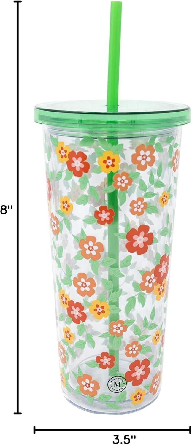 Double Wall Tumbler with Lid and Reusable Straw, Floral Plastic Cup, Insulated Travel Cup Holds 24 Ounces, Floral Cloud Dancer