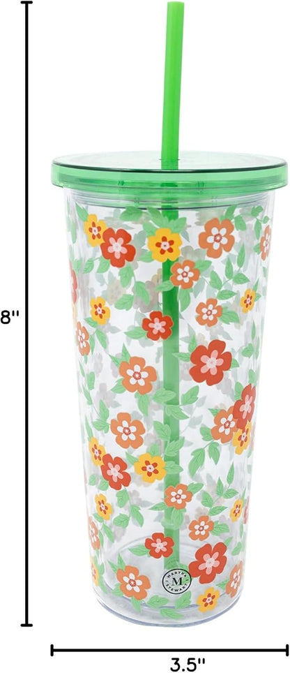 Double Wall Tumbler with Lid and Reusable Straw, Floral Plastic Cup, Insulated Travel Cup Holds 24 Ounces, Floral Cloud Dancer