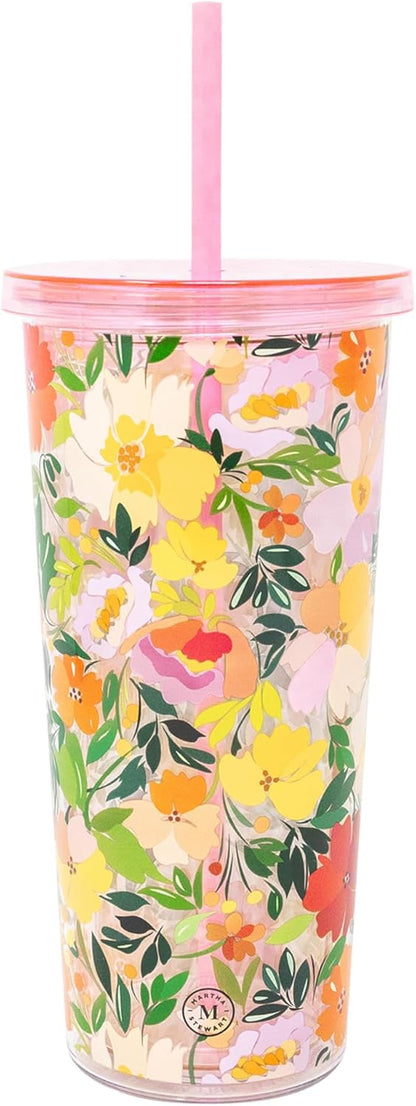 Double Wall Tumbler with Lid and Reusable Straw, Floral Plastic Cup, Insulated Travel Cup Holds 24 Ounces, Floral Cloud Dancer