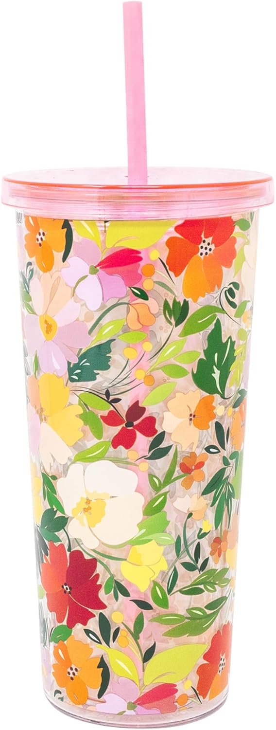 Double Wall Tumbler with Lid and Reusable Straw, Floral Plastic Cup, Insulated Travel Cup Holds 24 Ounces, Floral Cloud Dancer