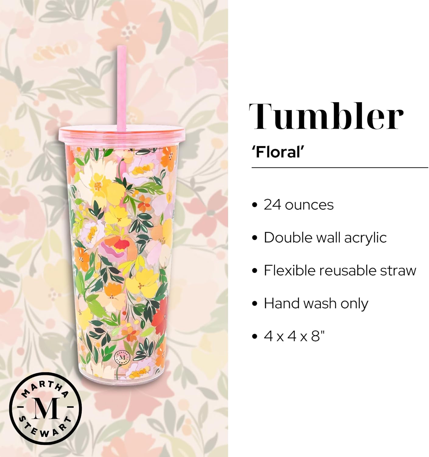 Double Wall Tumbler with Lid and Reusable Straw, Floral Plastic Cup, Insulated Travel Cup Holds 24 Ounces, Floral Cloud Dancer