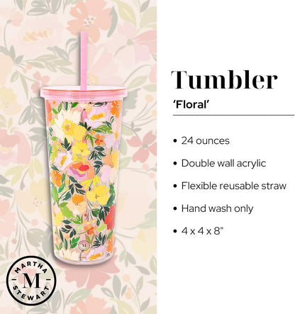 Double Wall Tumbler with Lid and Reusable Straw, Floral Plastic Cup, Insulated Travel Cup Holds 24 Ounces, Floral Cloud Dancer