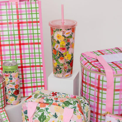 Double Wall Tumbler with Lid and Reusable Straw, Floral Plastic Cup, Insulated Travel Cup Holds 24 Ounces, Floral Cloud Dancer