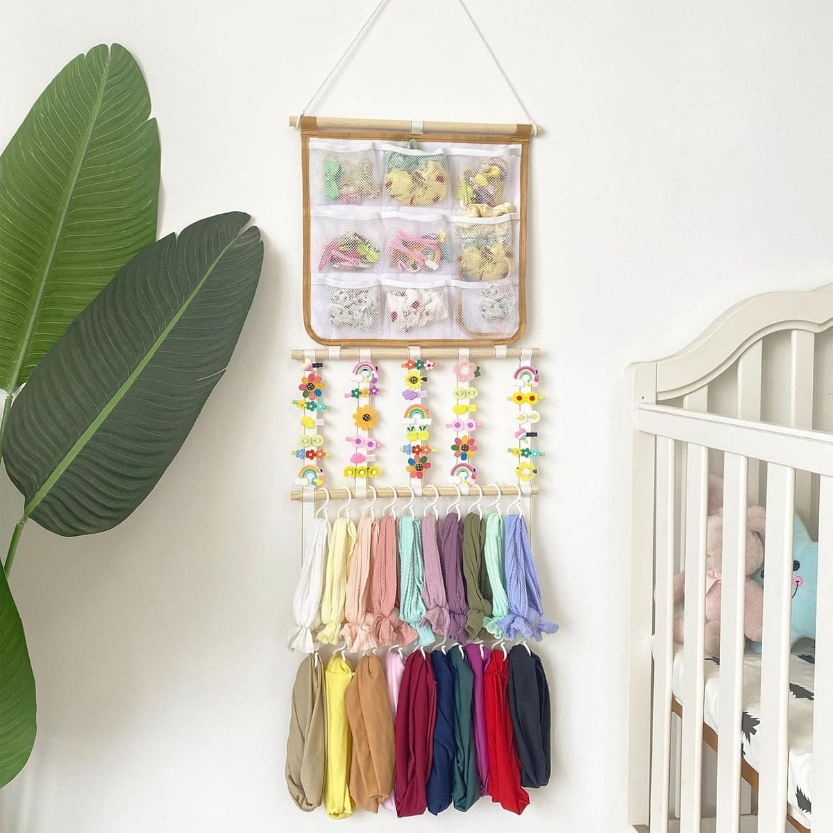 Stylish Wall Hanging Hair Clip Holder with Multiple Pockets and Hooks for Girls Room Arrangement and Decor Hair Band Planner