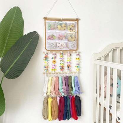 Stylish Wall Hanging Hair Clip Holder with Multiple Pockets and Hooks for Girls Room Arrangement and Decor Hair Band Planner