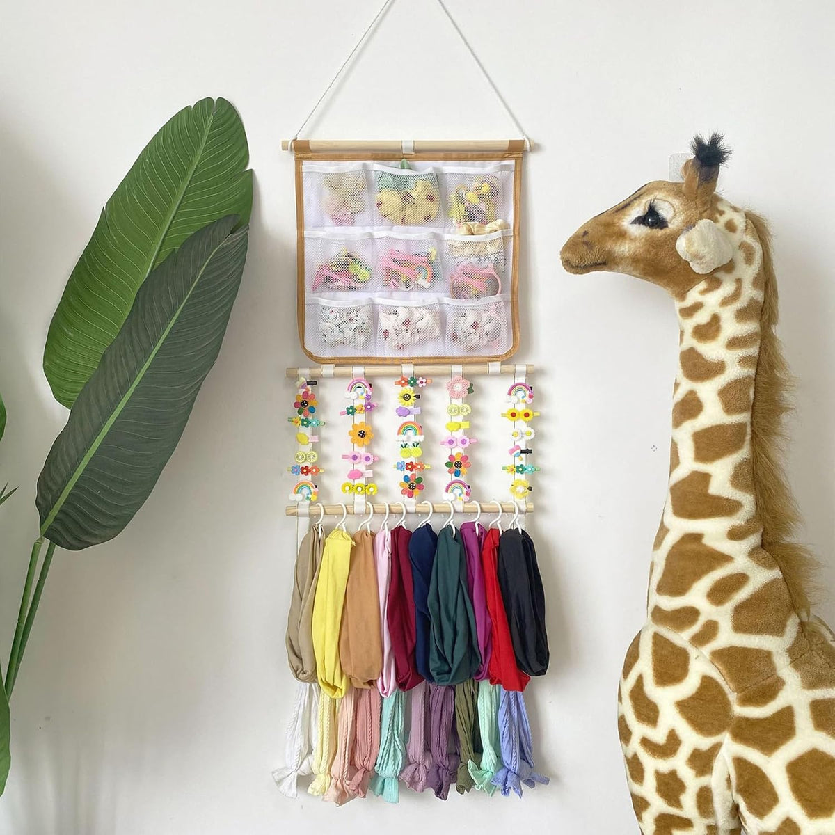 Stylish Wall Hanging Hair Clip Holder with Multiple Pockets and Hooks for Girls Room Arrangement and Decor Hair Band Planner