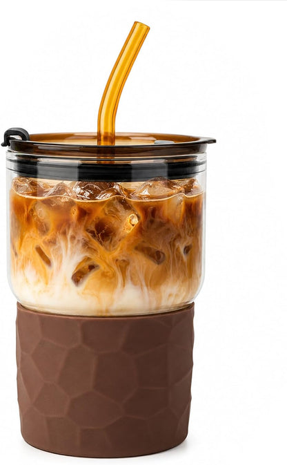 16oz Coffee Tumbler, Reusable Borosilicate Glass Cups with Lids and Straws | Leakproof Thick Water Glasses with Non-Slip Sleeve | Travel Mugs for Water, Matcha, Smoothie, Juice | 2 Packs- Coffee Brown