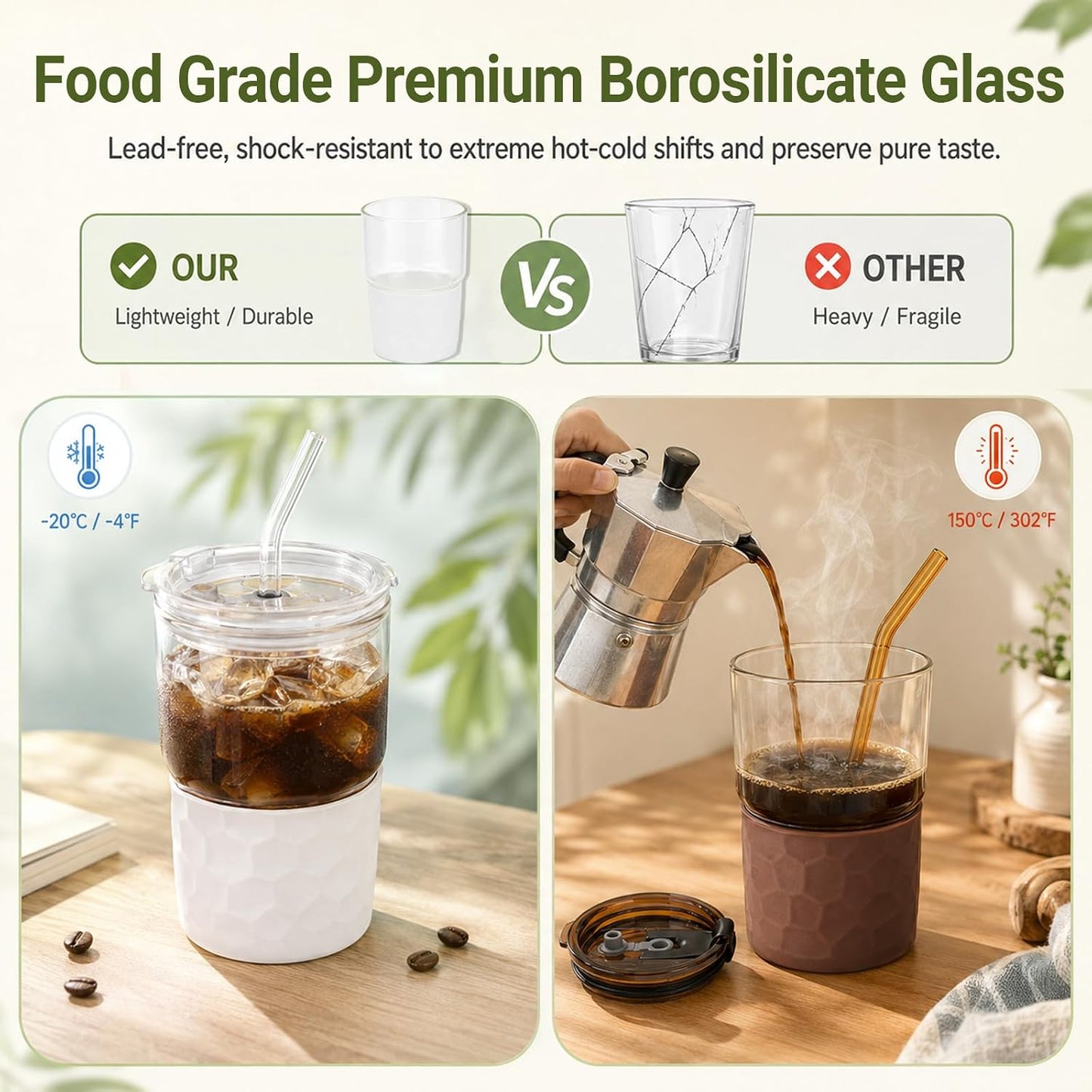 16oz Coffee Tumbler, Reusable Borosilicate Glass Cups with Lids and Straws | Leakproof Thick Water Glasses with Non-Slip Sleeve | Travel Mugs for Water, Matcha, Smoothie, Juice | 2 Packs- Coffee Brown